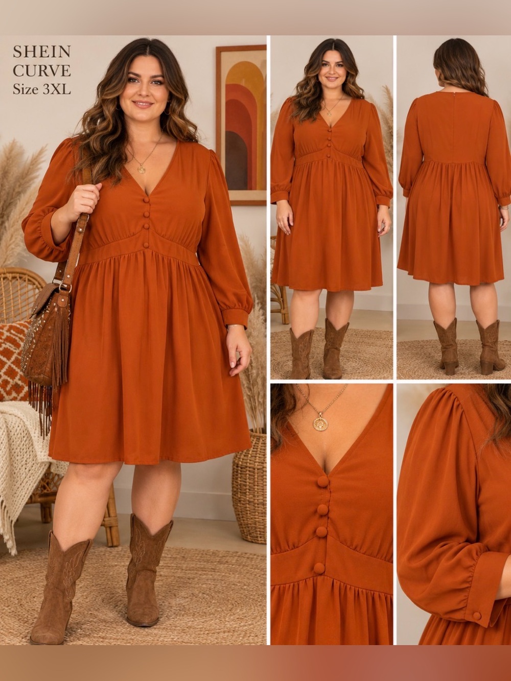 SHEIN Curve Rust Button-Front V-Neck A-Line Midi Dress